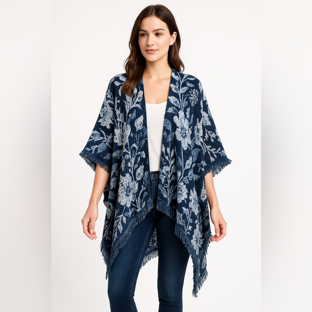 Boho Kimono Cardigan Wrap Blue White Floral Print Open Front Fringe Poncho OS